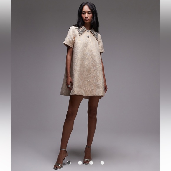 & Other Stories jacquard mini swing dress with embellished collar GOLD-Size US 6 - Picture 2 of 8
